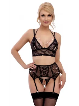 Abierta Fina Lace Lingerie Trio with Rose-Gold Accents, Size S