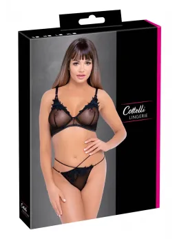 Cottelli LINGERIE Bra & Rio Thong Set XL Embroidered, Black-Gold Accents