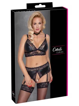 Cottelli CURVES Bra & Suspender Briefs 3XL, Matte Look & Lace, Rose-Gold Accents