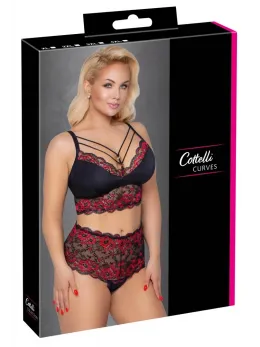 Cottelli CURVES Lingerie Set Black/Red 4XL - Lace Bra & High-Waist Briefs