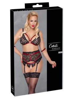 Cottelli Bondage Lace Set 3XL - Wireless Bra & Suspender Belt, Black/Red