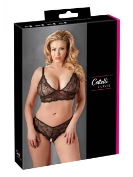 Cottelli Collection Lingerie Set Black 3XL - Lace Wireless Bra & Open String