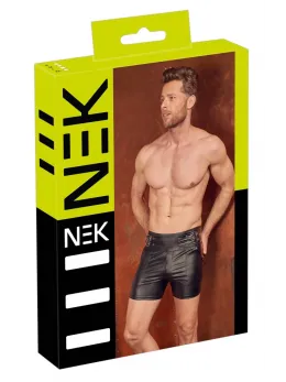 NEK Men's High-Waist Matte Black Shorts with Buckle Straps, Size S