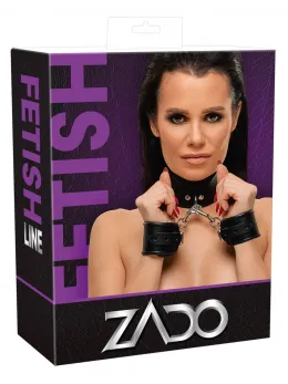 ZADO Bondage Set - Leather Collar and Adjustable Handcuffs, Black