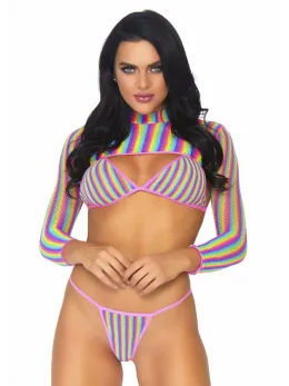 Leg Avenue Rainbow Fishnet 3-Piece Set - Bikini, String & Crop Top