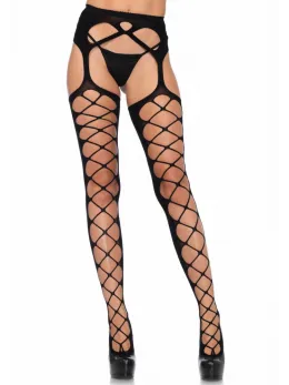 Leg Avenue June Diamond Net Opaque Stockings with Garter Belt Black