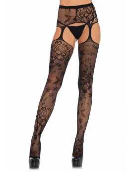 Leg Avenue Chelsea Floral Lace Stockings with Garter Belt Black One Size