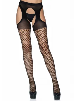 Leg Avenue Oval Net Suspender Hose with Opaque Top - Black, One Size