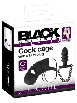 Black Velvets Silicone Intimate Cage Set with Grooved Plug & Chain 11.5cm