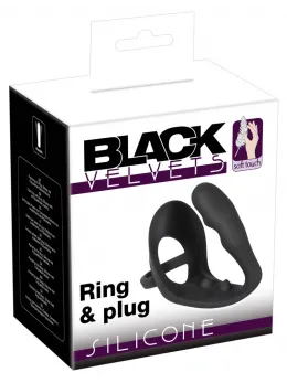 Black Velvets Silicone Intimate Ring with Plug and Perineum Bridge, Black