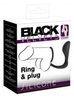 Black Velvets Duo System Silicone Ring & Plug, Black, 10cm