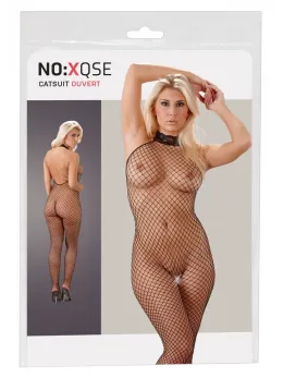 Cottelli Collection Net Catsuit Black S/M with Lace Collar Open Design