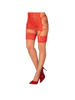 Obsessive Rediosa Lace Stockings L/XL Red - Elegant Patterned Design