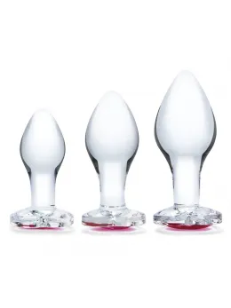 Glas Heart Jewel Glass Plug Set 3 pcs - Graduated Sizes, Red Base Accent