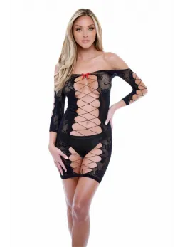 Baci Corset Front Long Sleeve Mini Dress Black OS - Lace & Corset Detail