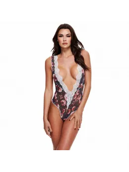 Baci White Label Floral Lace Teddy Grey S/M - Deep V, Keyhole Back