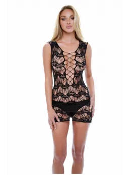 Baci Corset Front Lace Mini Dress Black OS - Sheer Patterned Design