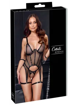 Cottelli Bondage Basque Bondage XL - Black Net & Matte Set with Chains