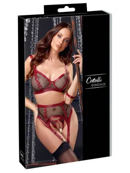 Cottelli BONDAGE Bra Set M - Black & Red Mesh, Adjustable, Gold Accents