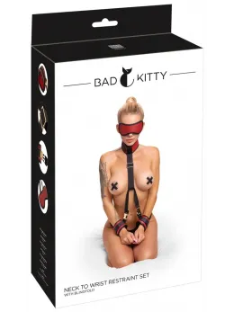 Bad Kitty Neck to Wrist Bondage Set Black/Red Adjustable with Blindfold