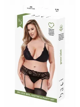 Baci ECO 3-Piece Lingerie Set Black - Bra, Garter & Panty, Queen Size