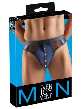 Svenjoyment Men's Thong 2XL Dark Blue Wetlook Mesh Accents