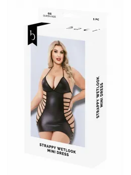 Baci Strappy Wetlook Mini Dress Black - Sleek Polyester Design, Size QS