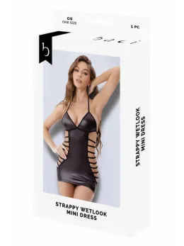 Baci Strappy Wetlook Mini Dress Black OS - Sleek Polyester Design