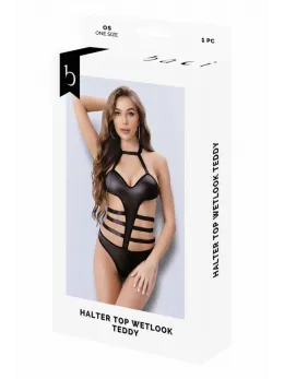 Baci Halter Top Wetlook Teddy Black OS - Sleek Polyester Bodysuit