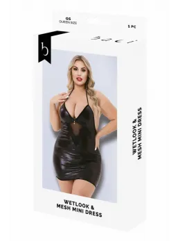 Baci Wetlook & Mesh Mini Dress Black, Model QS - Elegant Contrast Design