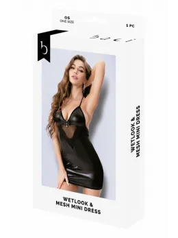Baci Wetlook & Mesh Mini Dress Black OS - Sleek Polyester Design