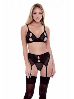 Baci 3 PCS Eco Peek-a-Boo Bra, Garter & Panty Set Black S/M - Recycled Lace