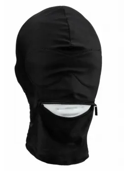 Fetish Hood Sensory Play Mask with Blindfold and Zippered Mouth Black