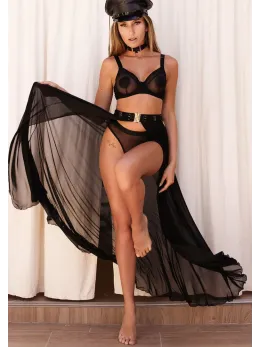Kinky Diva Goddess Skirt Mesh Long with Bondage Waistband Black M/L