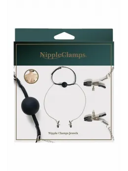 Virgite Nipple Clamps with Adjustable Ball Gag & Chain, Black