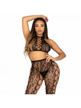 Leg Avenue Crop Top & Open Pattern Tights Set Black S/M