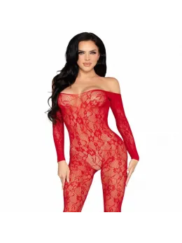 Leg Avenue 89366 Lace Bodystocking Red One Size - Stretch Floral Design