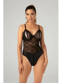 Christine Vesper Wetlook Bodysuit with Lace Accents, Black, S/M