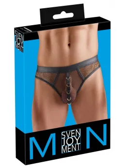 Svenjoyment Thong Net Black M - Mesh & Wetlook, Gold Ring Accents