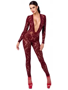 Noir Handmade Kink Royal Jumpsuit Burgundy Red L - Velvet Flock Print