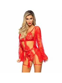 Leg Avenue 86123 Lingerie Set Red - Lace Teddy & Sheer Robe, Size M