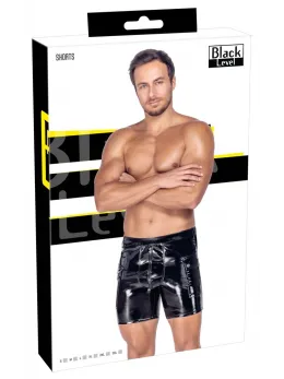 Black Level Men's Vinyl Shorts L - Shiny Black, Padded Zip, Side Pockets