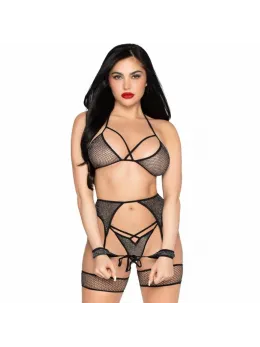 Leg Avenue 89362 Mesh Top, Thong, Garter Belt & Cuffs Set Black One Size