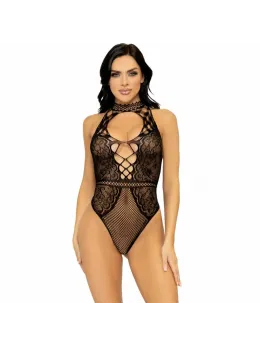 Leg Avenue Keyhole Halter Bodysuit Net & Lace One Size Black