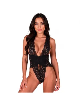 Passion Velmore Bodysuit Black L/XL - Elegant Lace Deep V-Neck Design