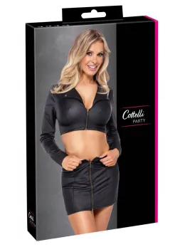 Cottelli PARTY Set Black L - Matte Clubwear Crop Jacket & Mini Skirt