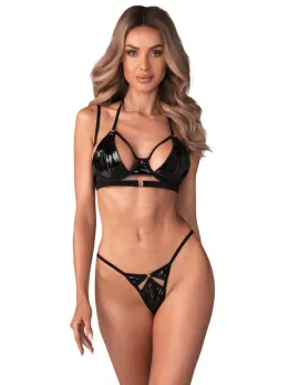 Obsessive Keira Lise Vinyl Bra and Thong Set Black S/M Adjustable Fit