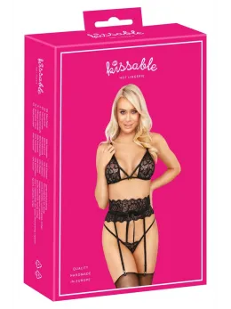 Kissable Lace Lingerie Set with Suspender Belt Black S/M