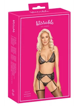 Kissable Lingerie Set L/XL - Lace Bra, Suspender Belt & String, Black