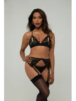 Christine Axelle 3-Piece Lingerie Set Black - Lace & Open Detail Design S-M